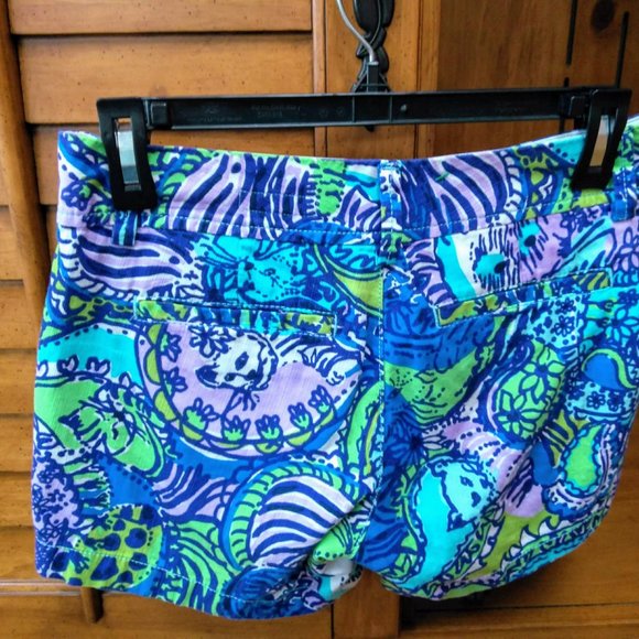 Lilly Pulitzer callahan shorts cattitude cat blue gteen Size 0 - Picture 2 of 5